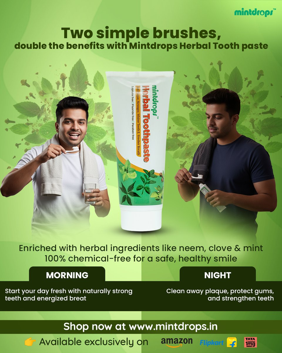 themintdrops's tweet photo. Morning freshness + night protection in one toothpaste!
Mintdrops Herbal Toothpaste gives you strong teeth, clean gums & chemical-free care day and night.
🔁 Retweet if you prefer natural toothpaste!
#HerbalCare #Mintdrops https://t.co/XMRrOsatyr