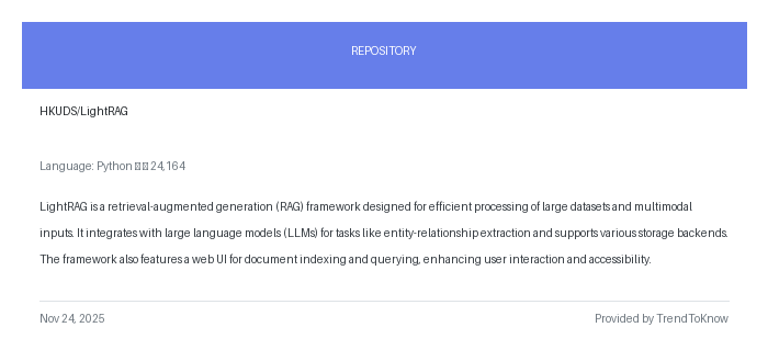 aitrendings's tweet image. HKUDS/LightRAG

💻 Python

#LightRAG #RetrievalAugmentedGeneration #NLP #OpenSource #Python

🔗 trendtoknow.ai