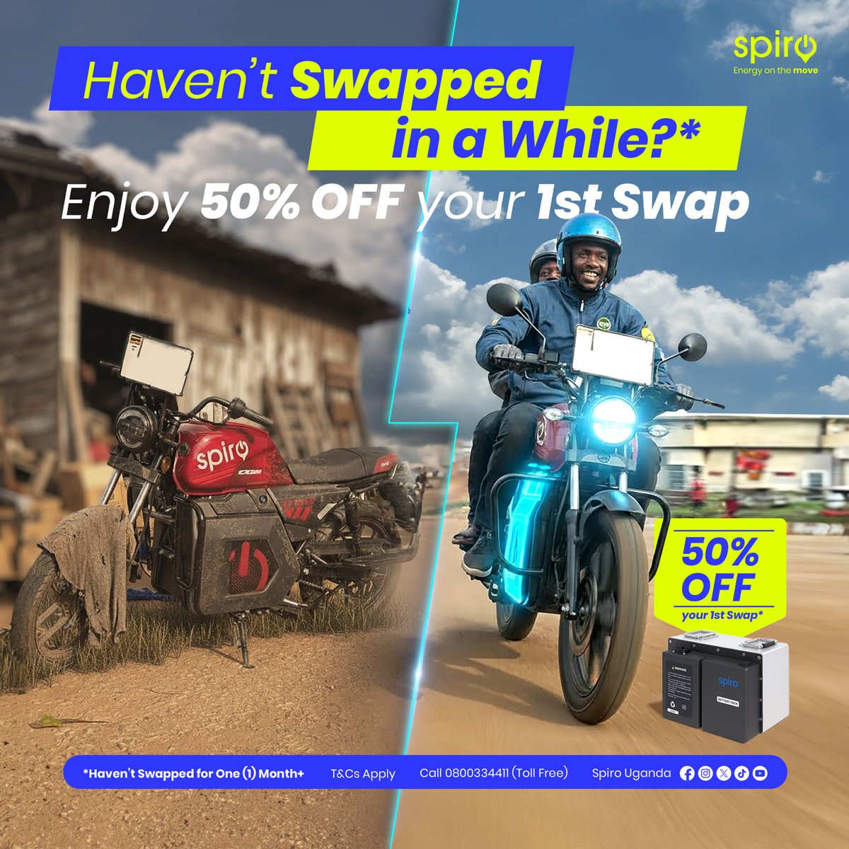 SpiroUganda's tweet image. Been off the road for a bit? 👀
Your Spiro’s calling - let’s roll again!
Enjoy 50% OFF your first comeback swap and feel that blue energy ⚡
📞 0800334411
🔗 forms.gle/8xbh9aKbMsU6ga…
#SpiroUganda #EVRevolution #GoBlue