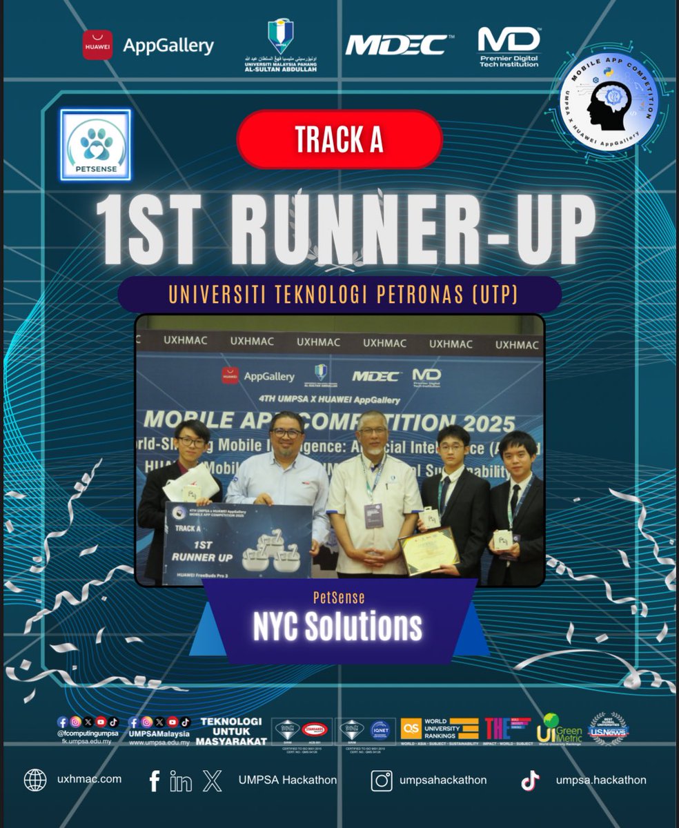 umpsahackathon's tweet photo. 🎉 Congratulations to all outstanding winners who showcased exceptional creativity and technical excellence at the UMPSA x HUAWEI AppGallery Mobile App Competition 2025.

Thank you to all participants, mentors, judges, and partners for making UXHMAC 2025 a success! 🌟 https://t.co/Lw8WJVrqlu