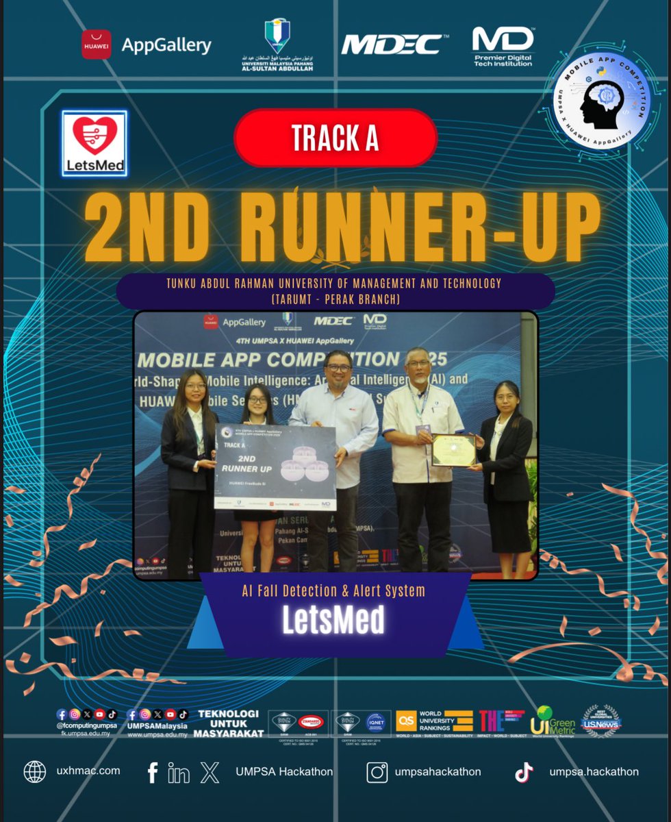 umpsahackathon's tweet photo. 🎉 Congratulations to all outstanding winners who showcased exceptional creativity and technical excellence at the UMPSA x HUAWEI AppGallery Mobile App Competition 2025.

Thank you to all participants, mentors, judges, and partners for making UXHMAC 2025 a success! 🌟 https://t.co/Lw8WJVrqlu
