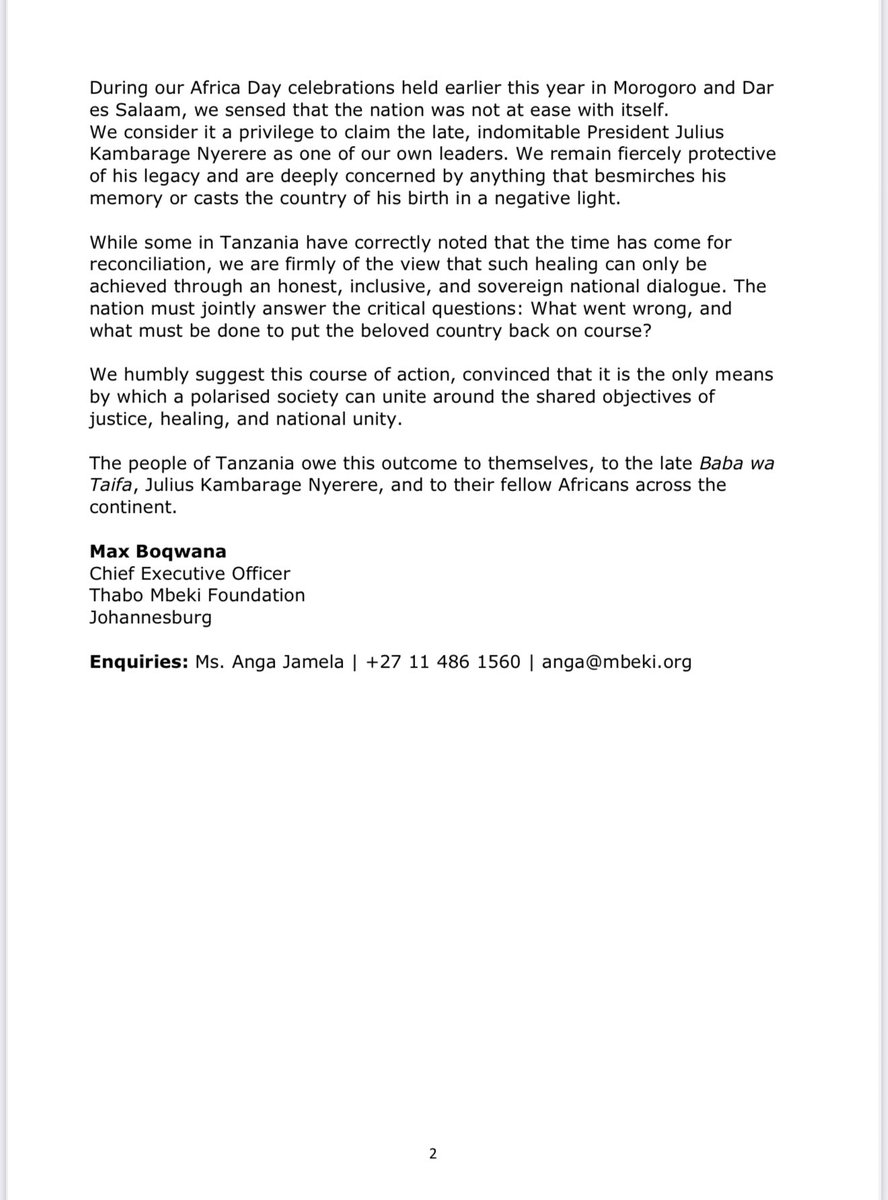 Tafsiri ya tamko la taasisi ya Thabo Mbeki

TAARIFA YA MSINGI WA THABO MBEKI KUHUSU UCHAGUZI MKUU WA JAMHURI YA MUUNGANO WA TANZANIA OKTOBA 2025
Ni wakati wa kufungua haraka Sura Mpya!

Taasisi ya Thabo Mbeki inatoa taarifa hii kufuatia tafakari ya kina na yenye maumivu kuhusu