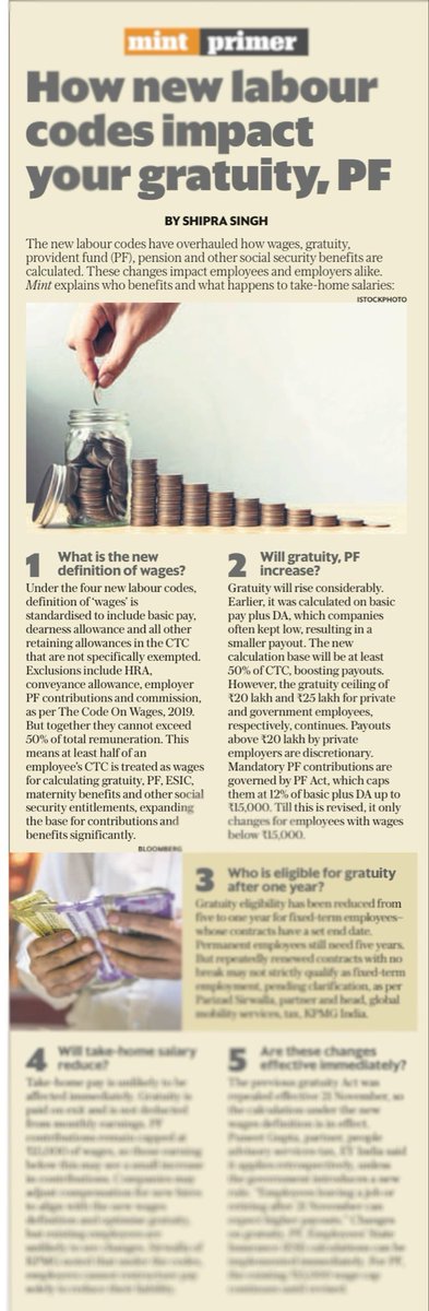Shiprasorout's tweet image. Now, under the new wage code, gratuity, PF, ESI and other benefits will be calculated on at least 50% of your CTC.
- Higher gratuity for anyone leaving job or retiring after 21 Nov
- Minimal change in PF contributions
How will this affect your CTC and take-home? Read the full…