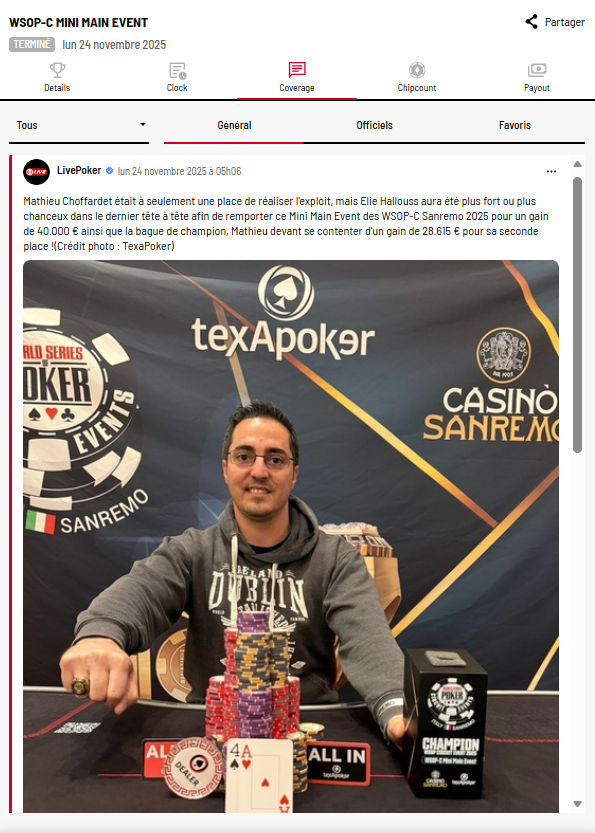 Live_Poker's tweet photo. Elie Hallouss aura été plus fort ou plus chanceux : il remporte le Mini Main Event des WSOP-C Sanremo 2025 face à Mathieu Choffardet

Regarde le tournoi sur Live-Poker https://t.co/GtU89j4CUF

#wsop #wsopc #sanremo #minimainevent #champion #ringhunting https://t.co/UYdtqkRMgM