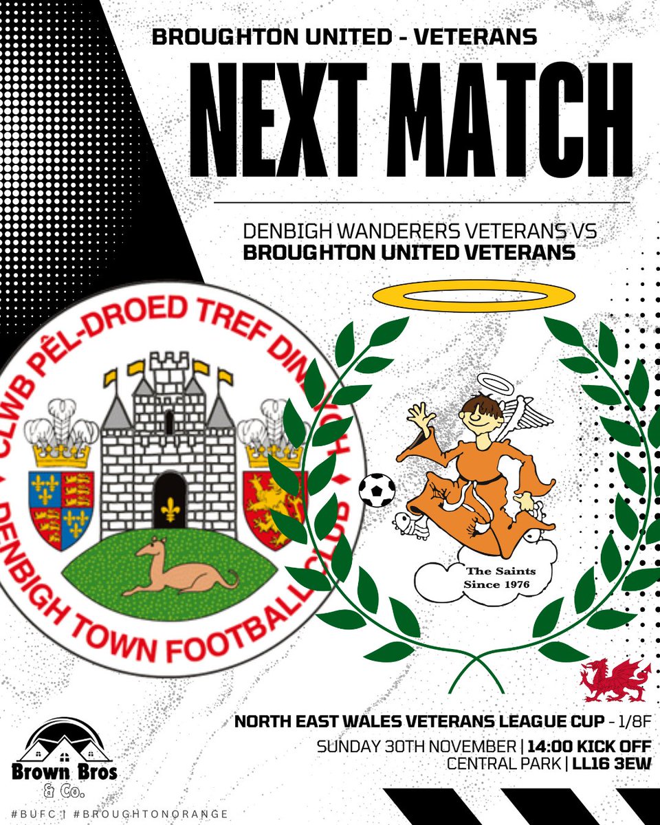 ⚽️ | Three cup games and an important league game scheduled for this weekend💪

1️⃣ First Team vs Ruabon (A)🏆
2️⃣ Reserves vs Greenfield (H)🏆
3️⃣ Under 19's vs Lex (A)👊
4️⃣ Veterans vs Denbigh (A)🏆

All support is massively appreciated as always🫡

#BUFC⚽️ | #BroughtonOrange🟠