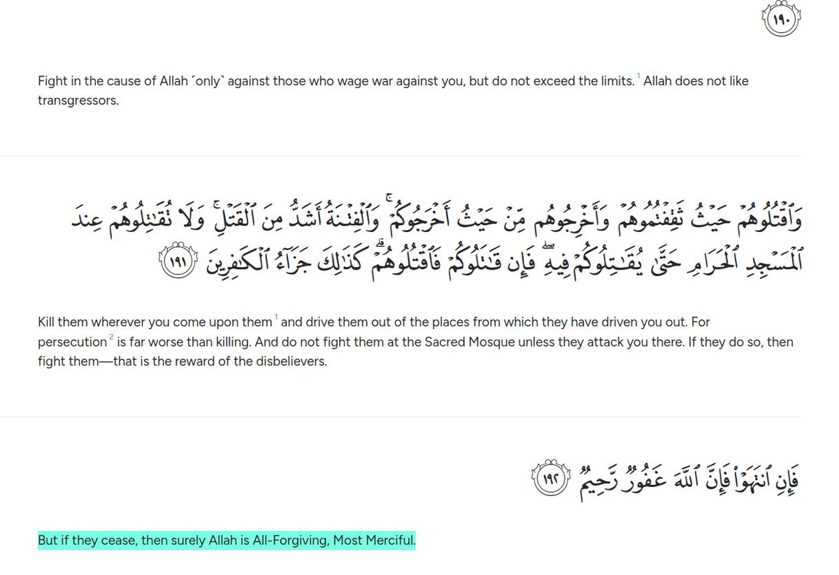 BrianJBerletic's tweet image. Ignorant people often tell me: &quot;Brian, you&apos;re WRONG about Islam!!! The Quran CLEARLY promotes violence! Read 2-191!!!&quot; 

This cherry picked quote says: 

&quot;Kill them wherever you come upon them and drive them out of the places from which they have driven you out. For persecution…