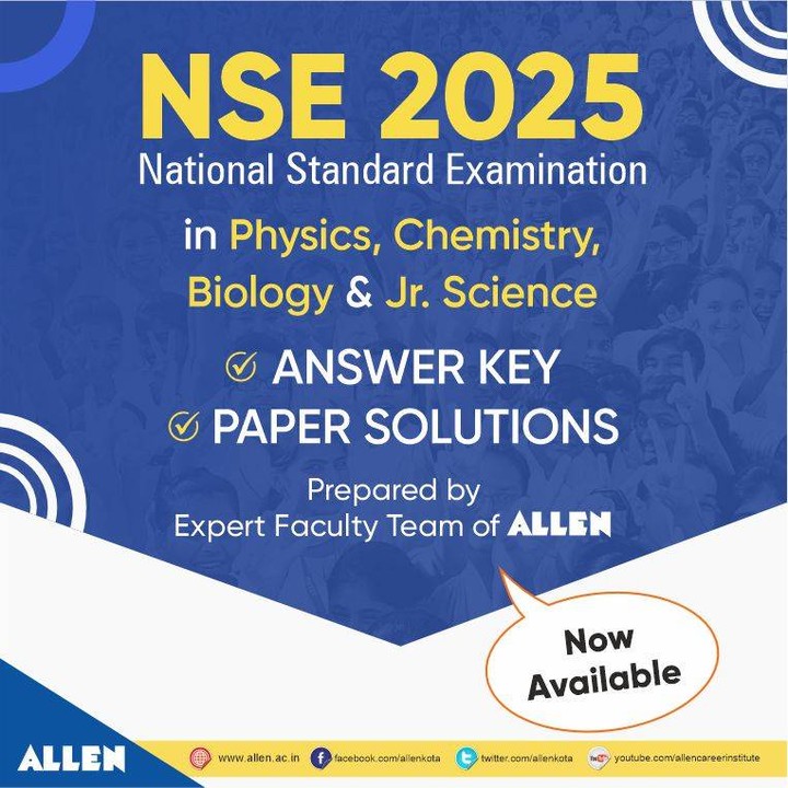 ALLENkota's tweet image. The NSE (Physics, Chemistry, Biology &amp;amp; Junior Science) Answer Key and Paper Solutions are now available!

Check it out here - allen.ac.in/nse/nsep-nsec-…

[NSE 2025, NSE, Paper Solutions, Download Now, ALLEN]