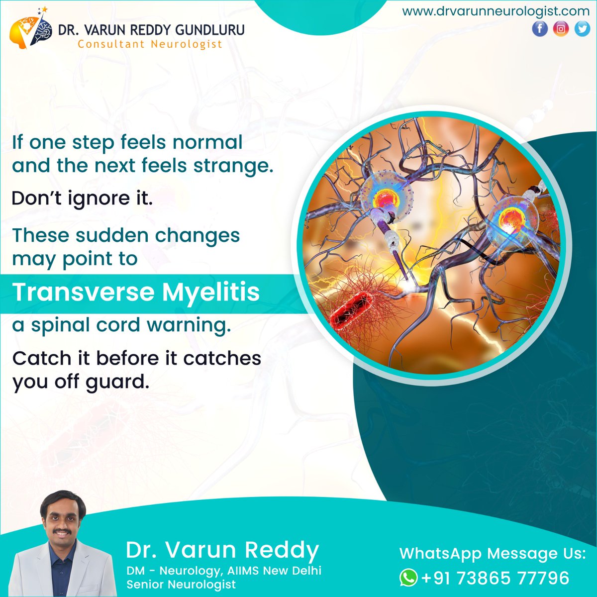 Drvarunneuro's tweet image. If your walking suddenly feels different, don’t ignore it. This can be an early sign of #TransverseMyelitis, a problem with the #spinalcord. 

Website: drvarunneurologist.com

#DrVarunReddy #BestNeurologist #Malakpet #Hyderabad #Neurologist #BestNeurologistHyderabad