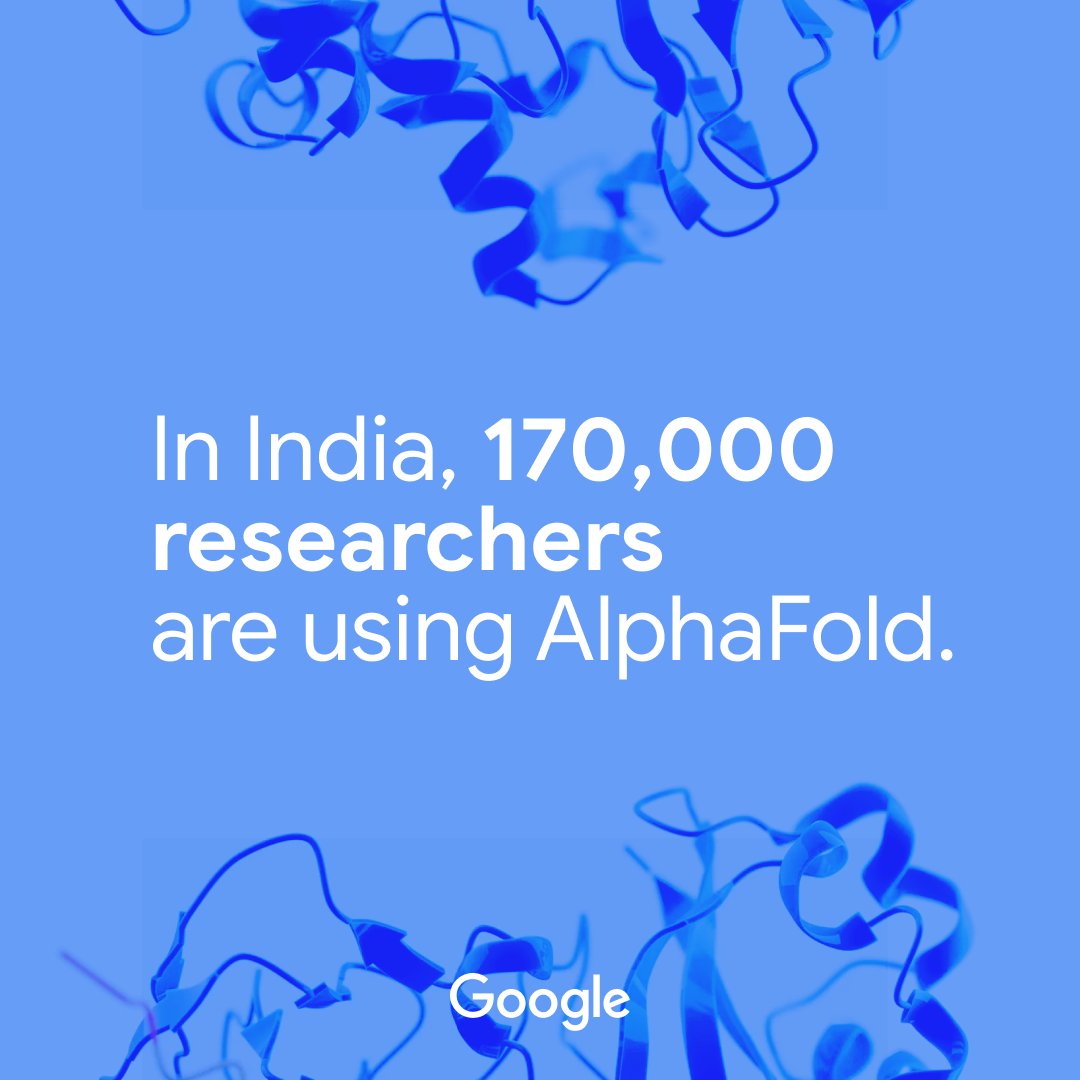 GoogleIndia's tweet photo. We mark five years since AlphaFold cracked the protein folding problem at CASP14, one of biology’s hardest challenges. Proteins power nearly every process in life, and understanding their 3D shape is key to knowing how they work. AlphaFold can predict the 3D shape of a protein from its amino acid sequence in minutes, a task that once took years. It has now mapped more than 214 million protein structures, providing a shared reference for scientists everywhere.

In India, more than 170,000 researchers are using AlphaFold to accelerate discovery. From studying how cancers form, to engineering disease-resistant crops, to combatting bacterial antibiotic resistance, AlphaFold is reshaping what is possible in life sciences.

This is not a distant future. It is happening right now in India’s universities, research institutes and biotech labs. When human ingenuity meets responsible AI, breakthroughs move faster and transformative solutions come closer to reality.

Explore more AlphaFold stories that have unfolded since: https://t.co/hlcH7pXI4U