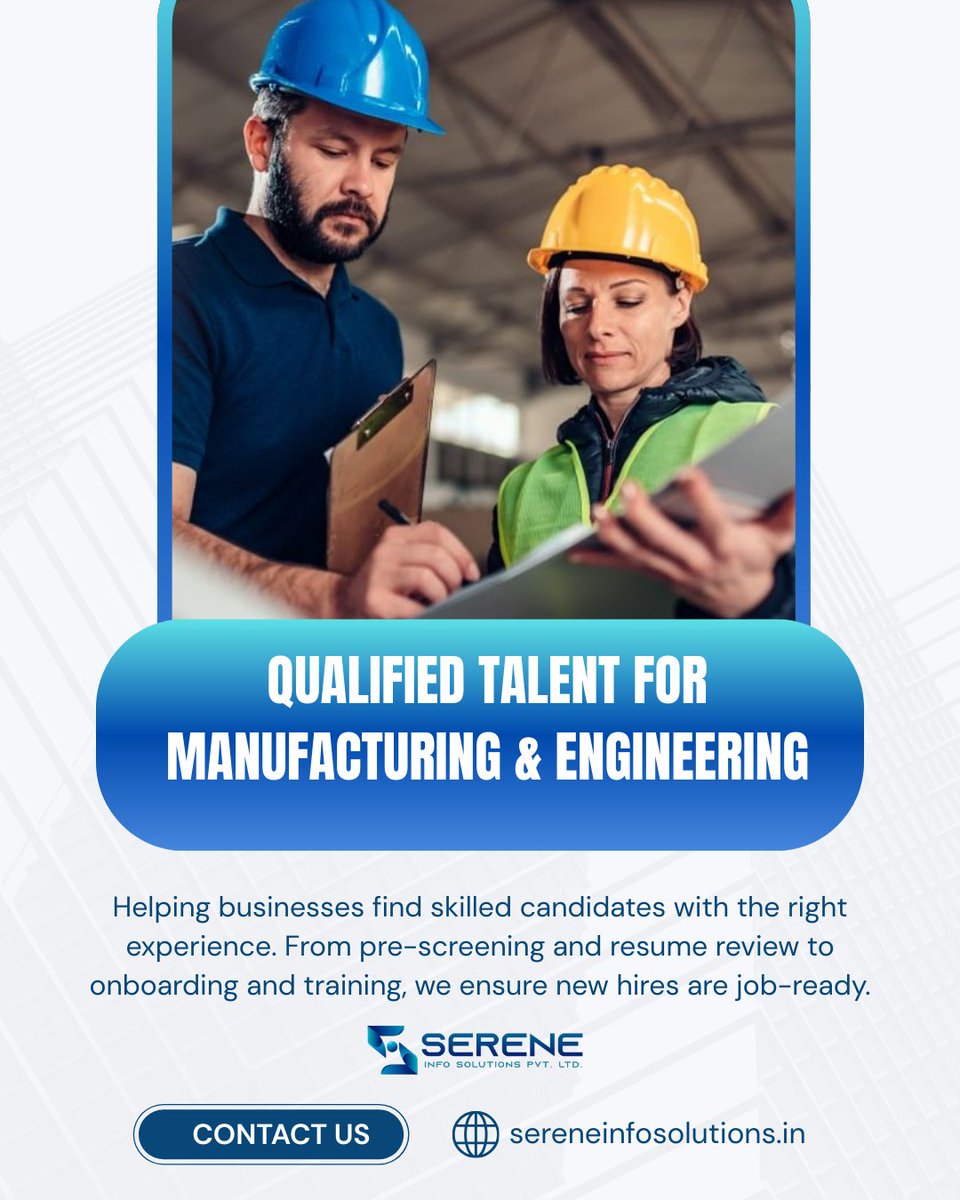 Serene_I_S's tweet image. Reliable Talent for Manufacturing &amp;amp; Engineering

We help businesses hire skilled professionals through screening, training, and onboarding for job-ready talent.

Visit: sereneinfosolutions.in/discover-us/ma…

#ManufacturingHiring #EngineeringTalent #StaffingSolutions #SkilledWorkforce
