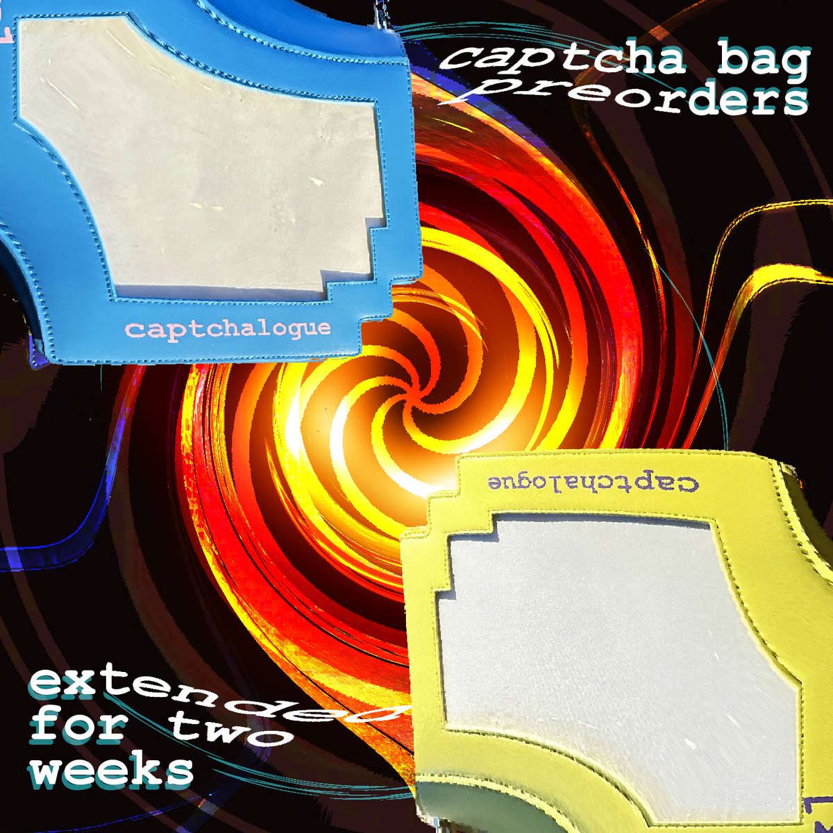 YOU ASKED VERY NICELY SO BLUE AND YELLOW CAPTCHA BAG PREORDERS HAVE BEEN EXTENDED FOR TWO WEEKS!

You have until DECEMBER 9TH! and then no more extensions after that okay bye im being sucked into a black holeeeeeeeeeeeeeeeeee!!!!!!

☄️you know where to find them! 🌙