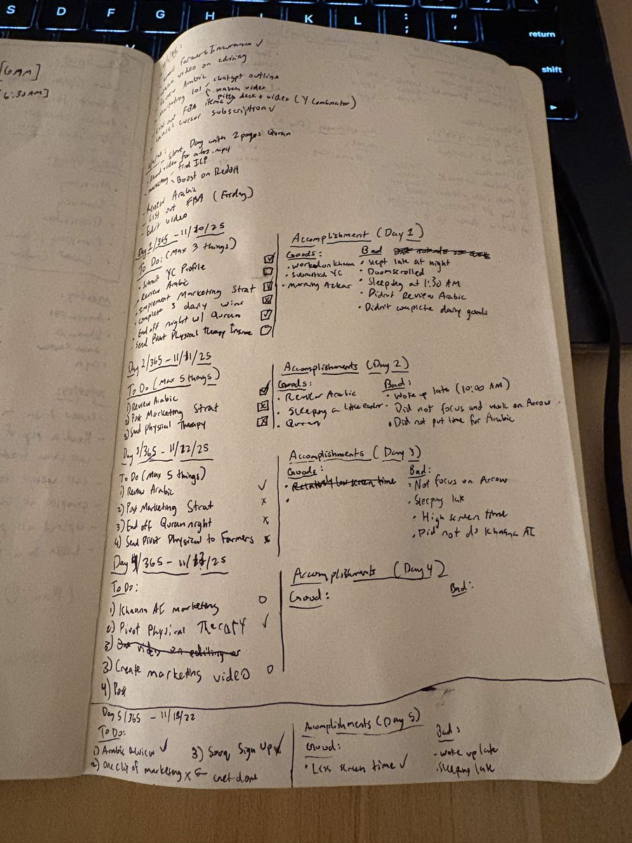 its all about systems

you can build first, launch first, but also fall first

currently started to get granular about how i set up my days worth of building and priorities, while also writing each days worth of good and bad

moleskin notebook and a pilot g2 

will have my app