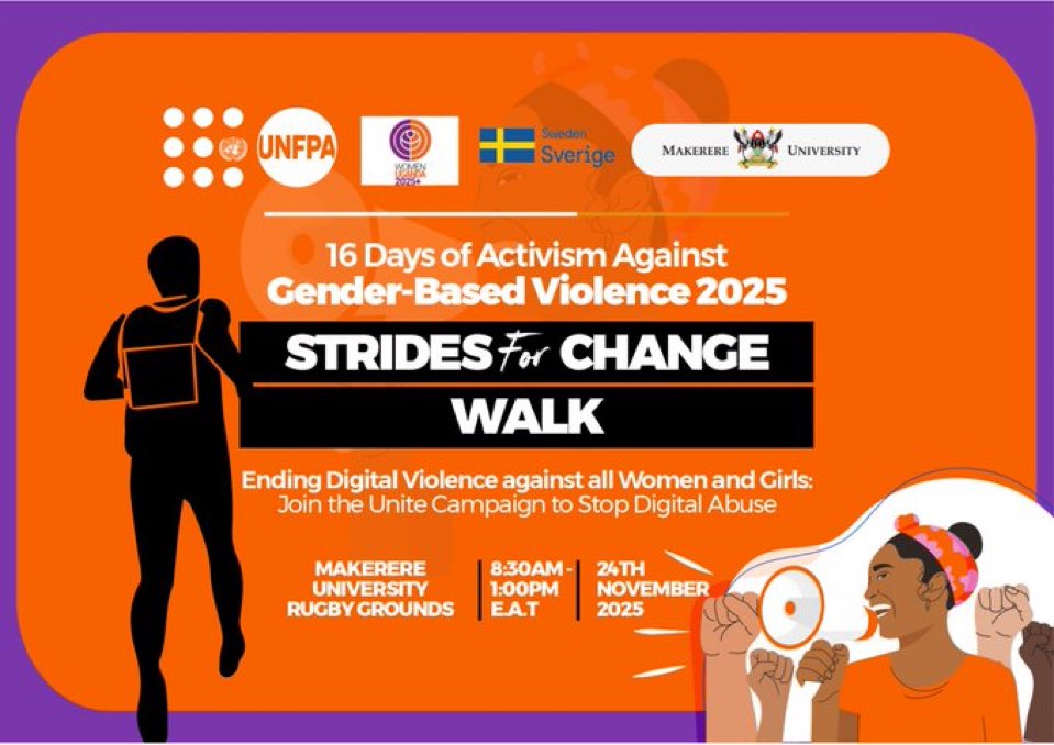 SwedeninUG's tweet photo. Happening this morning! Join us and 16 male change makers at @Makerere with @UNFPAUganda for the #StridesforChange walk to #EnDigitalViolence against all Women and Girls. #16Days #WomenUganda2025 https://t.co/zoWlC993RU