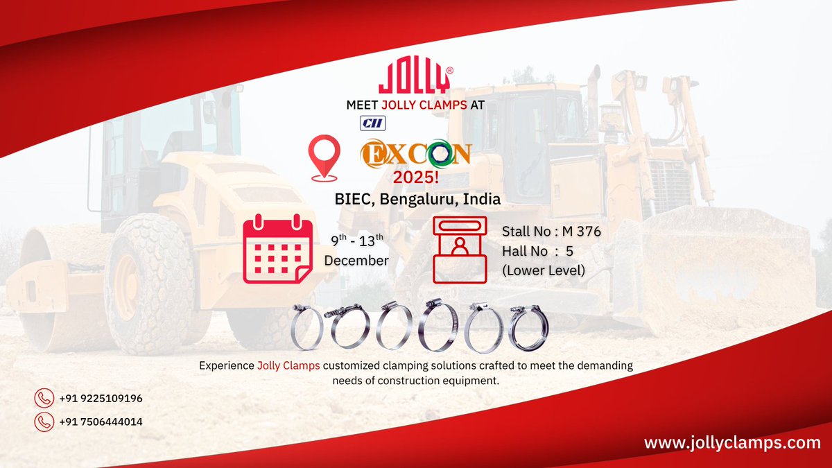 JollyClamps's tweet photo. REMINDER!!

🌟 Jolly Clamps Pvt. Ltd. at EXCON 2025! 🌟
We are excited to announce our participation in Asia’s largest construction equipment and technology expo — and we would be honored to have you join us!

📍 Visit Us:
Hall No. 5 | Stall M376
Venue: BIEC, Bengaluru https://t.co/eiEqH82LBR