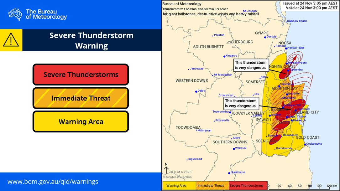 Very dangerous thunderstorms with giant hail moving through Brisbane right now

VERY DANGEROUS THUNDERSTORMS are producing large to giant hailstones, damaging, locally destructive winds and heavy rainfall causing flash flooding impacting Brisbane CBD, Logan Central, Cleveland
