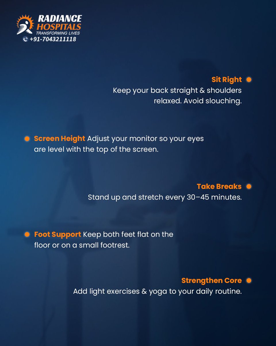 RadianceHosp's tweet image. If your back hurts by day-end… your posture is saying something. 👀🪑

Sit right, adjust screen height, move often, support your feet &amp;amp; strengthen your core.

#RadianceHospitals #Ahmedabad #BackPainRelief #PostureMatters #HealthySpine #OfficePosture