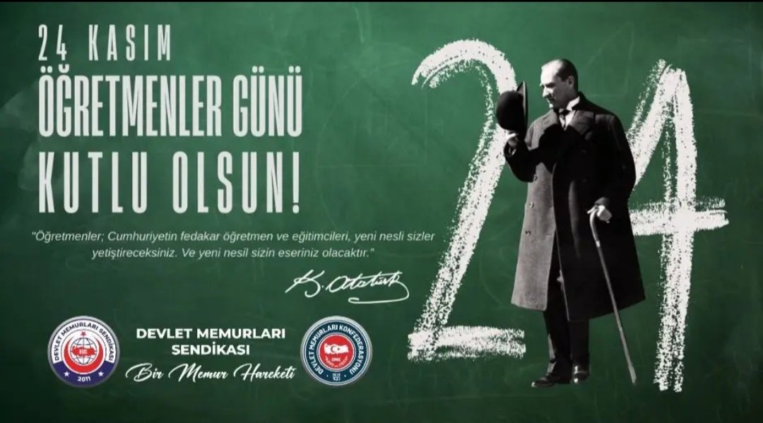 Eğitim Ordumuzun neferleri başta Başöğretmen Mustafa Kemal ATATÜRK olmak üzere tüm öğretmenlerimizin 24 Kasım Öğretmenler Gününü kutluyor, saygı ve sevgilerimizi sunuyoruz. 

#Öğretmenler
#24KasımÖğretmenlerGünü
<a href="/DMKonfederasyon/">Devlet Memurları Konfederasyonu</a>
@Dmsendikasi