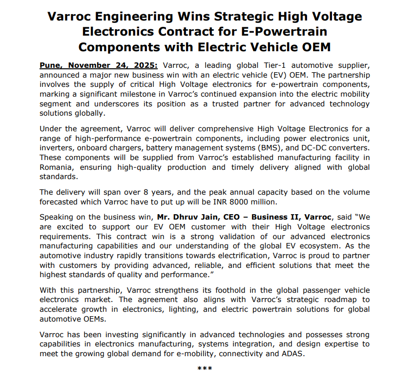 financialsarthi's tweet photo. Varroc Engineering Wins Strategic High Voltage Electronics Contract for E-Powertrain Components with Electric Vehicle OEM
#Varrocengineering