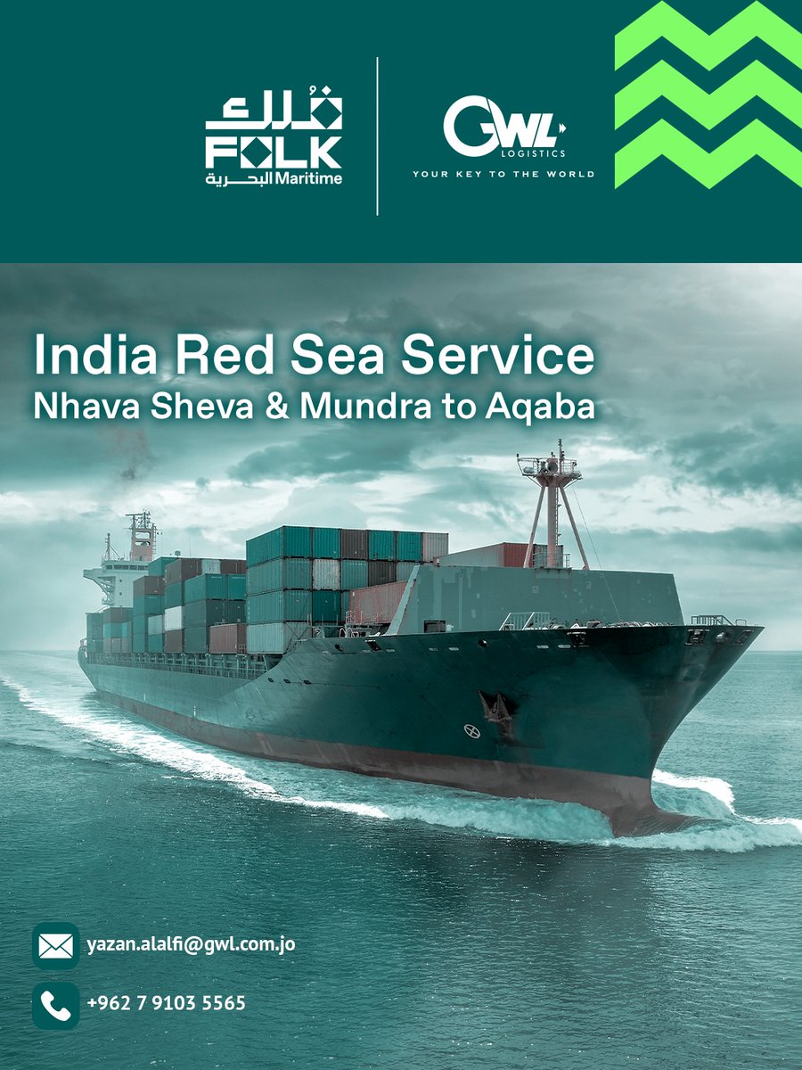 GWL_LOGISTICS's tweet image. تدعم شركة الطرق الذهبية للخدمات اللوجستية، الوكيل الحصري لشركة فلك البحرية في الأردن، خدمة IRM التي تربط موانئ موندرا ونافا شيفا في الهند بميناء جدة الإسلامي، مع امتداد الربط نحو العقبة عبر شبكة فُلك البحرية في البحر الأحمر.

للحجز والاستفسار:
📧 yazan.alalfi@gwl.com.jo