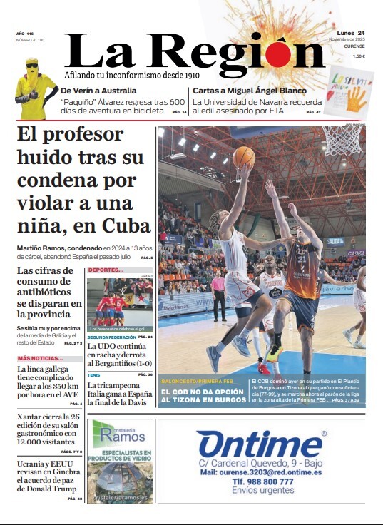 LaRegion's tweet image. 🗞 La #PortadaLaRegion de este lunes te cuenta:

📍 El profesor huido tras su condena por violar a una niña, en Cuba
📍 El COB no da opción al Tizona en Burgos
📍 Las cifras de consumo de antibióticos se disparan en la provincia 
Más 🔗 leer.laregion.es/fjpzk2