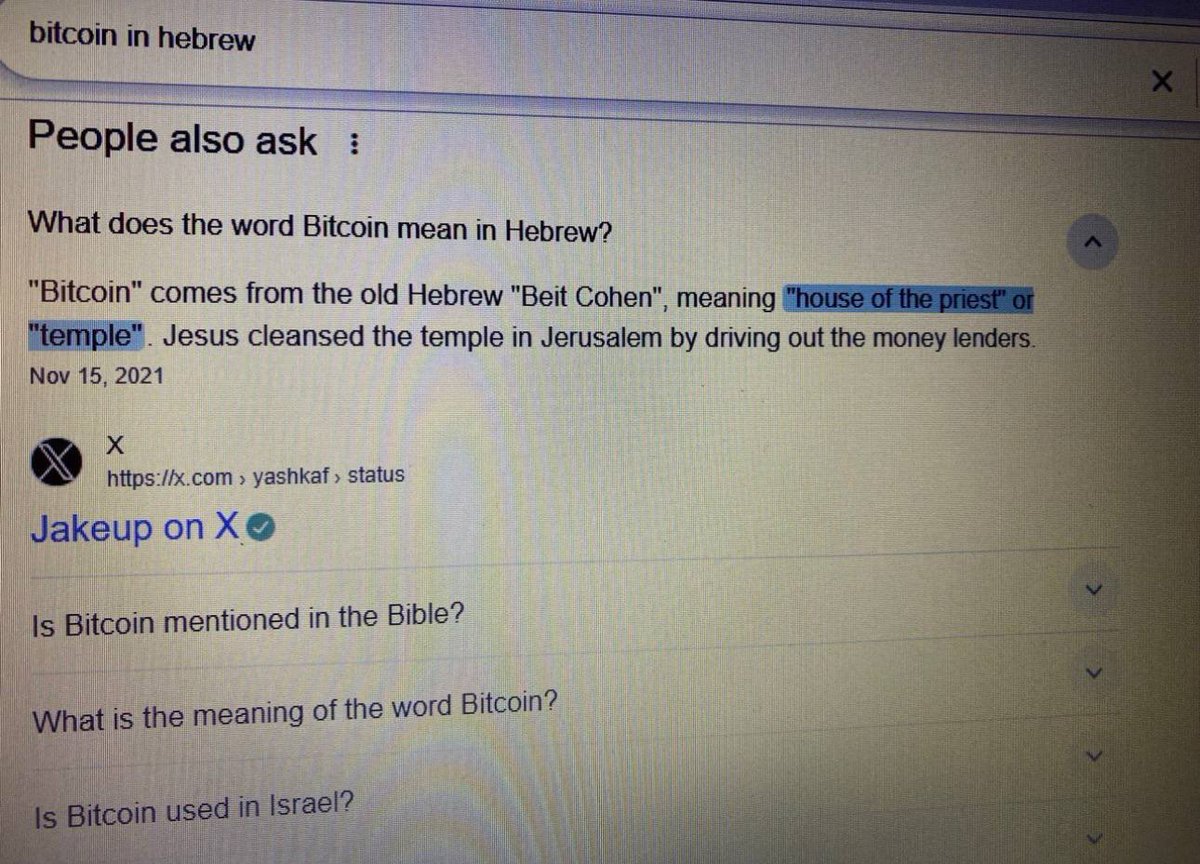 Do you know what Bitcoin means in Hebrew?
Bitcoin means the “House of the priest” or Temple!!!

Jesus cleansed the temple in Jerusalem by driving out the money lenders!

~ Watch the Water