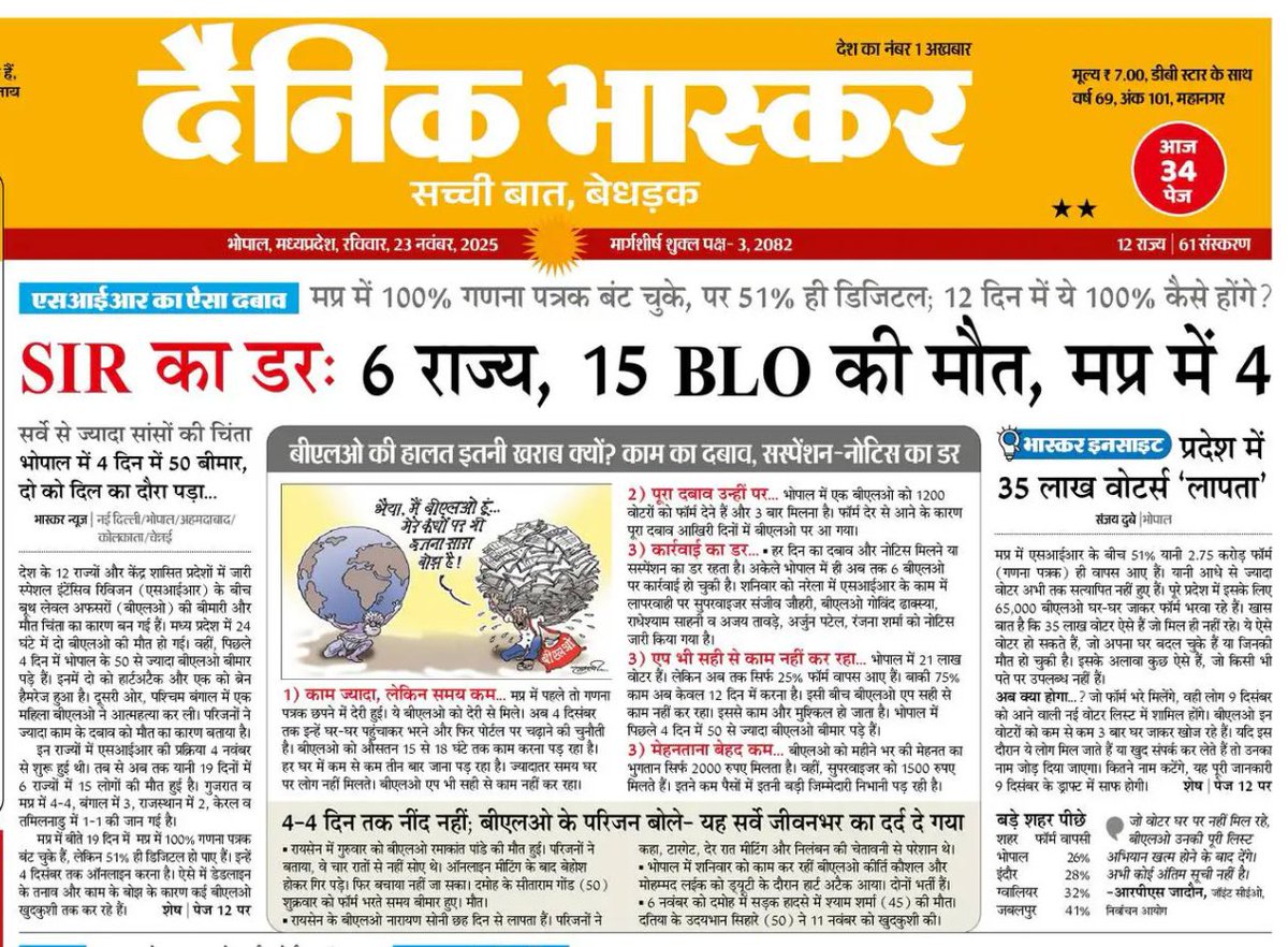 ऐसा कहा जा रहा है कि काम के भार से BLO और Polling Officers आत्महत्या करने पर मजबूर है।

पर क्या सच में काम का दवाब है या कुछ लोग, BLO और पोलिंग अफसरों से उनके सिद्धांतों के विरुद्ध काम कराने का दवाब डाल रहे हैं जिसके कारण आत्महत्याएं हो रही हैं।
अब तक 15 लोग जान गवां चुके हैं, इन