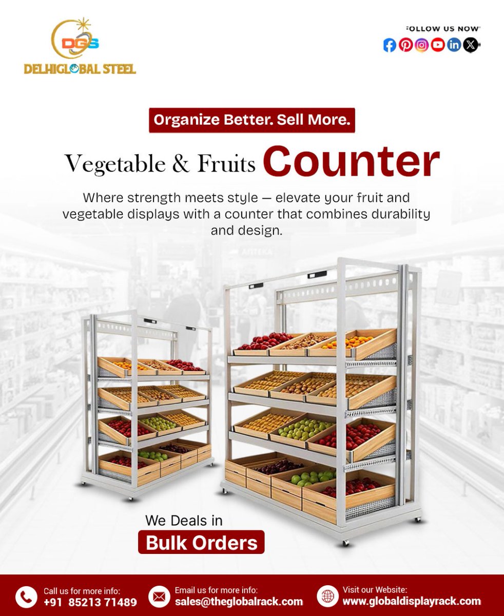 delhiglobal_'s tweet image. Upgrade your store’s fresh produce section with our Vegetable &amp;amp; Fruits Counter—designed for durability, perfect organization &amp;amp; maximum product visibility.
Perfect for supermarkets &amp;amp; grocery stores.
📞 +91 85213 71489
🌐 globaldisplayrack.com
#VegetableRack #FruitDisplay