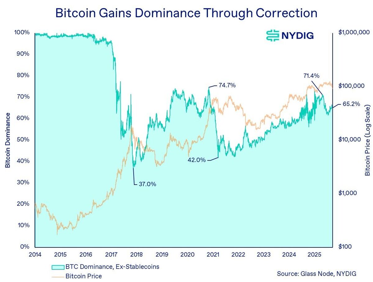 🔴COINTELGRAPH: "Dominanza del Bitcoin oltre il 60%: stabilizzazione attorno al 59% mentre il capitale si concentra nel BTC durante i ribassi di mercato, secondo NYDIG."