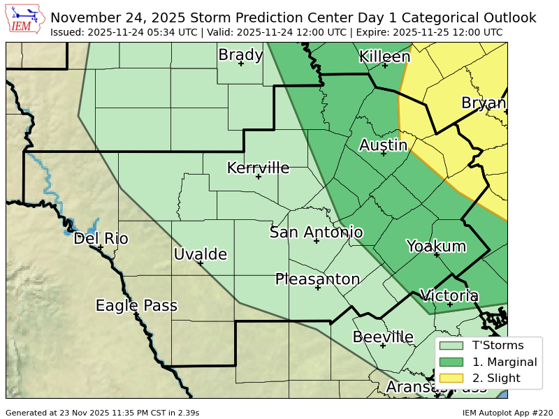 EWXBot's tweet image. #SPC issues Day 1 Slight Convective Risk at Nov 24, 5:34z for EWX spc.noaa.gov/products/outlo…