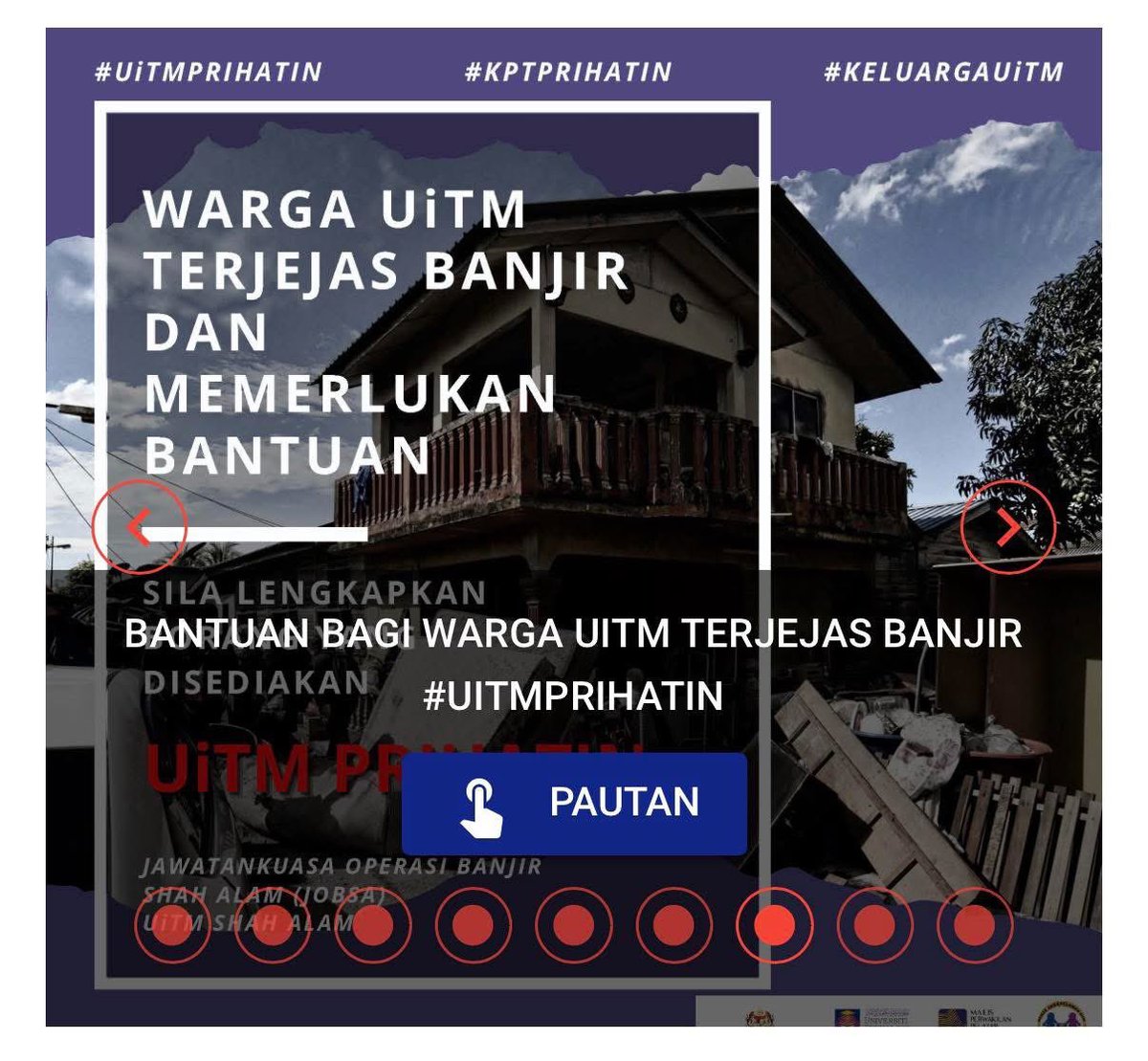 Makluman untuk semua 𝐖𝐚𝐫𝐠𝐚 𝐔𝐢𝐓𝐌, staf atau mahasiswa, yang 𝐭𝐞𝐫𝐤𝐞𝐬𝐚𝐧 𝐚𝐤𝐢𝐛𝐚𝐭 𝐛𝐞𝐧𝐜𝐚𝐧𝐚 𝐛𝐚𝐧𝐣𝐢𝐫 dan memerlukan bantuan, boleh mengisi borang melalui pautan berikut:

warga.uitm.edu.my

Semoga Allah mudahkan semua urusan kita, amin.