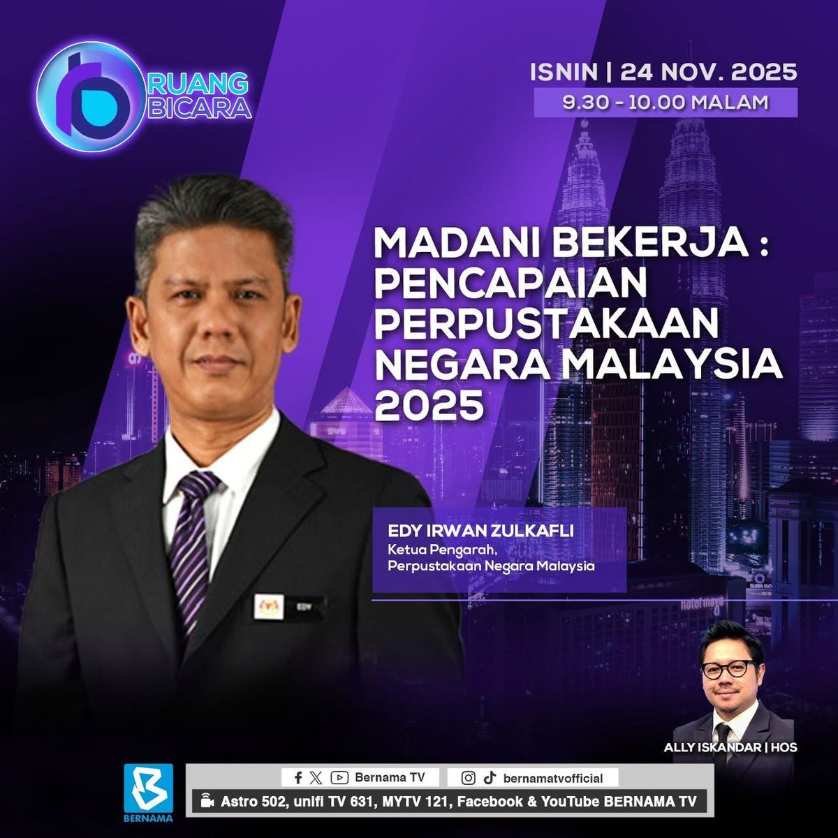 Saksikan program Ruang Bicara pada jam 9.30 - 10.00 malam ini di Bernama TV dengan perkongsian mengenai pencapaian utama Perpustakaan Negara Malaysia sepanjang tahun 2025.

#PerpustakaanNegaraMalaysia
#MalaysiaMADANI
#KembaraPerpaduan
#HarmoniMADANI