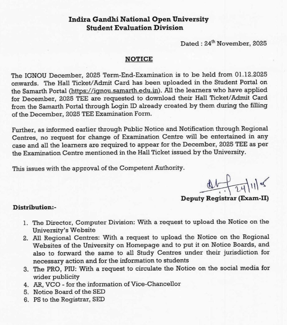 IGNOU_RCDelhi2's tweet image. Notification regarding Hall Ticket for TEE December 2025