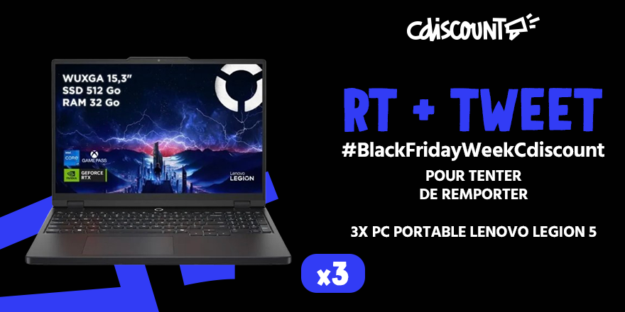 Cdiscount's tweet image. ⚫ BLACK FRIDAY WEEK

RT + TWEET avec #BlackFridayWeekCdiscount
(et follow pour pouvoir être contacté !)

➡️ pour tenter de gagner cette merveille
bit.ly/4oTD3Od

✅ 3 pc portable LENOVO Legion 5 à gagner !
15,3&quot; 165hz - Core i7 - RTX 5070 - 32 Go

🎊 TAS le 26/11