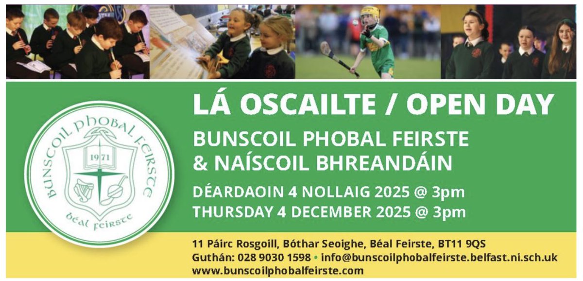 Tá an lá oscailte ar leac an dorais againn arís. Déan an scéal a scaipeadh! Open Day information attached. Déardaoin 4 Nollaig 3pm. Thursday 4 December @ 3pm. Bígí linn! <a href="/CraobhUiThuama/">Craobh Uí Thuama</a> <a href="/ComhairlenaGS/">Comhairle na Gaelscolaíochta</a>