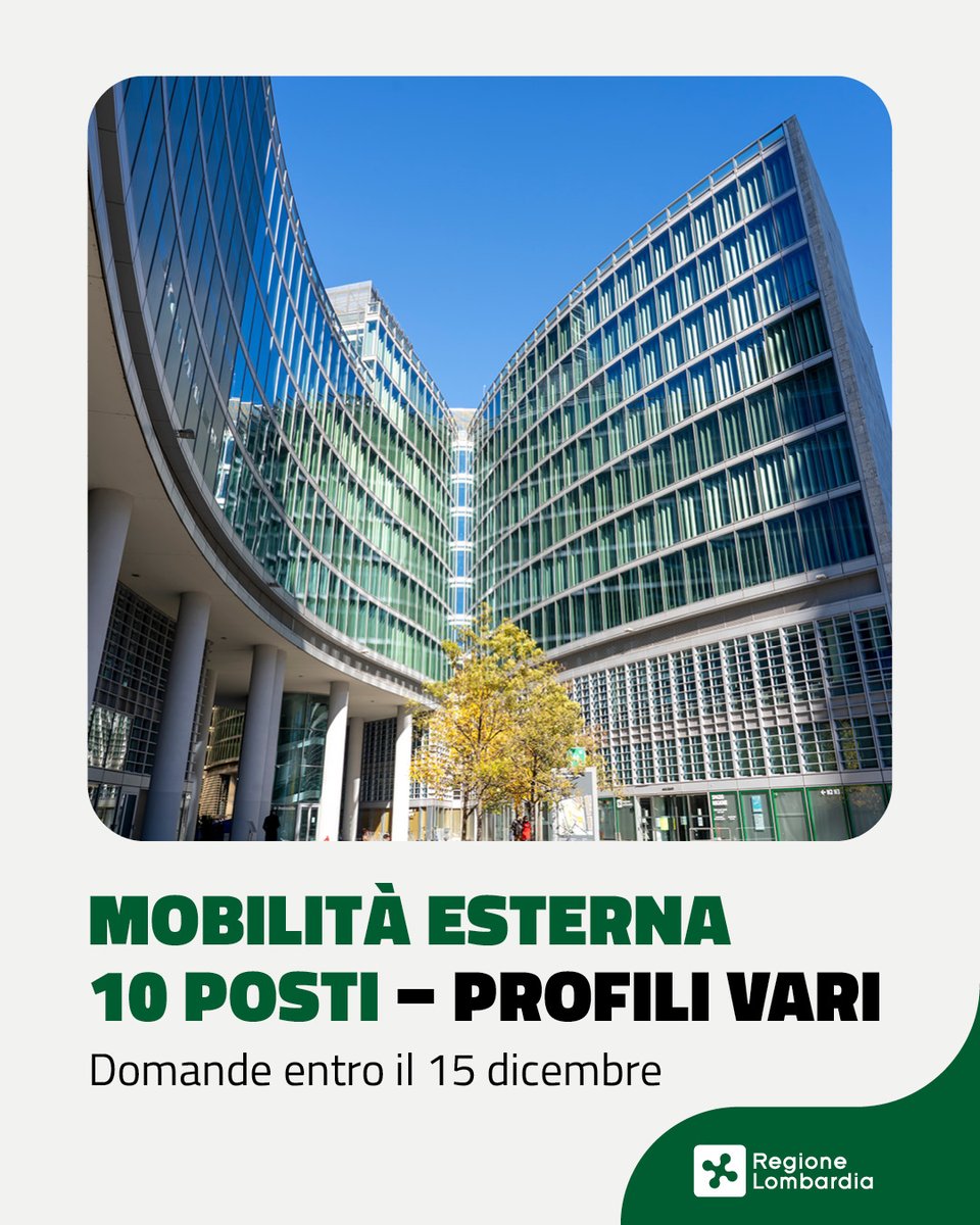 RegLombardia's tweet photo. È aperto un avviso di mobilità esterna per passaggio diretto tra pubbliche amministrazioni per la copertura di 10 posti in Regione Lombardia, profili vari. È possibile presentare domanda entro il 15 dicembre. Per maggiori informazioni https://t.co/spkRfmWVfb https://t.co/hFkFkA98ms