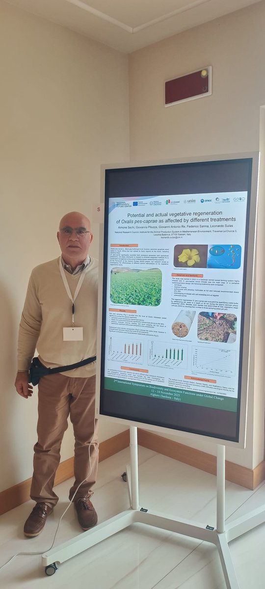 ProjectGood's tweet image. CNR ISPAAM presented a poster on how different treatments affect Oxalis pes-caprae regeneration at the Biodiversity &amp;amp; Ecosystem Functions Symposium (Nov 14, 2025). Discussion with botanist Brundu highlighted ongoing research. #agroecologyisgood #agroecologyforweeds #goodhorizon