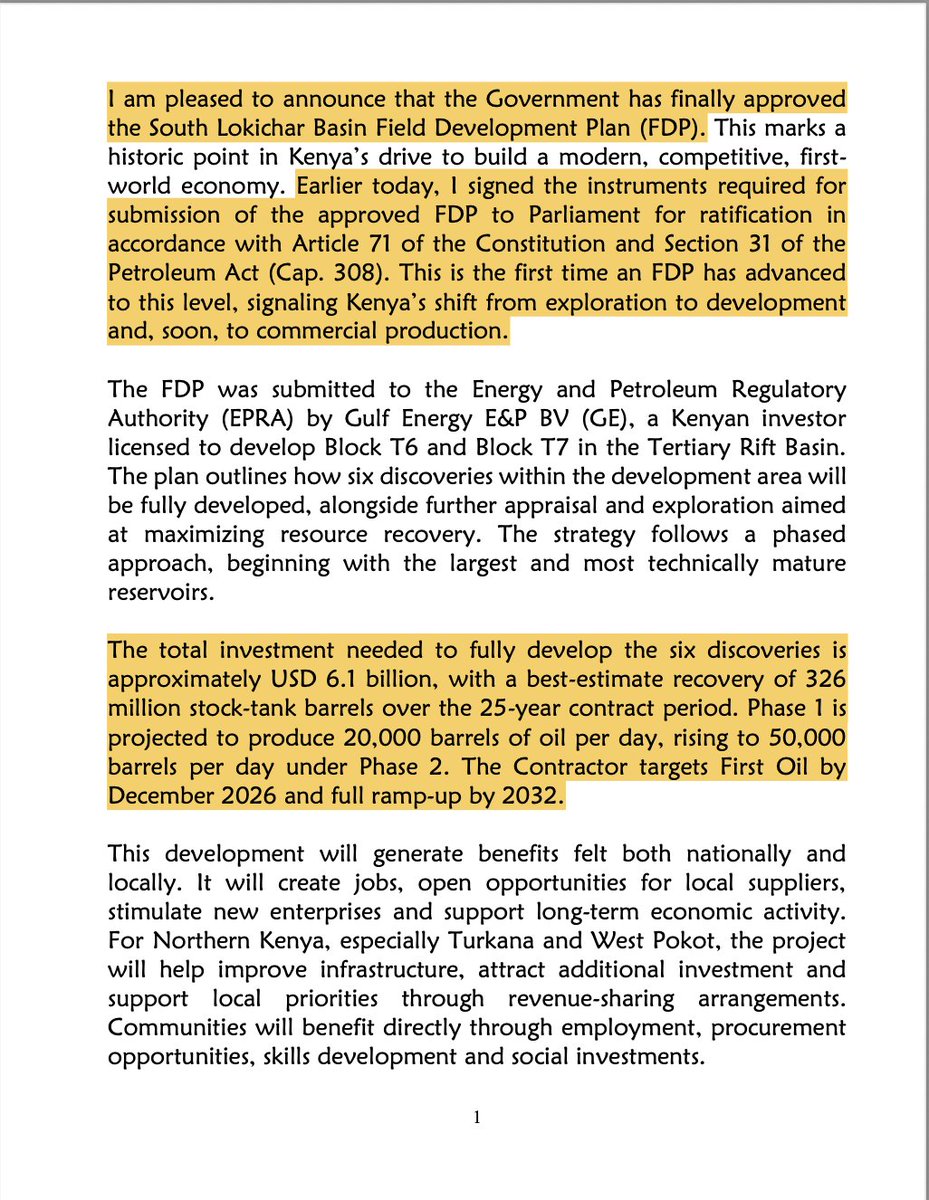 AmbokoJH's tweet image. The government of Kenya now says it is targeting the country's debut commercial oil by December 2026 &amp;amp; full ramp-up by 2032 following approval of the South Lokichar Basin Field Development Plan.

The Ministry of Energy has granted Gulf Energy E&amp;amp;P BV the green light to proceed…