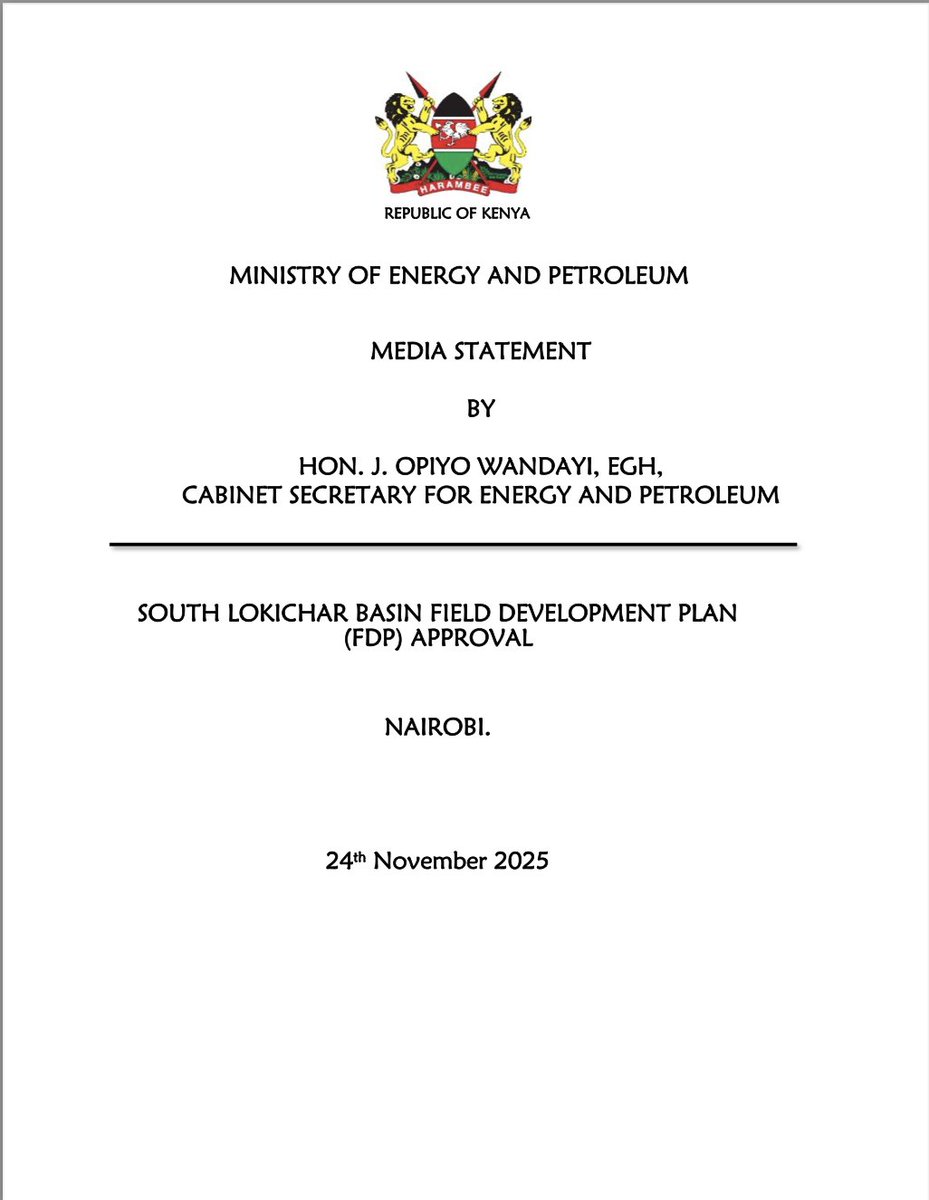 AmbokoJH's tweet image. The government of Kenya now says it is targeting the country's debut commercial oil by December 2026 &amp;amp; full ramp-up by 2032 following approval of the South Lokichar Basin Field Development Plan.

The Ministry of Energy has granted Gulf Energy E&amp;amp;P BV the green light to proceed…