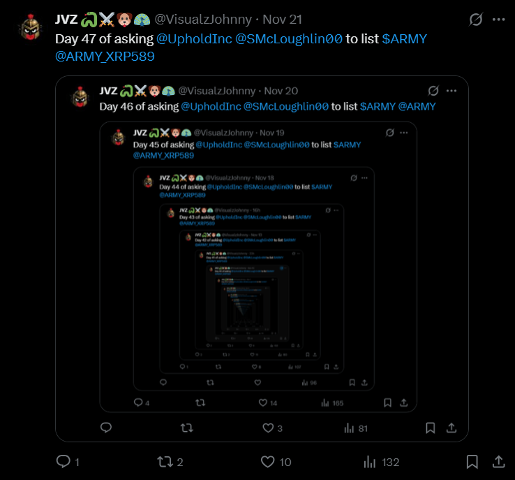 Day 48 of asking <a href="/UpholdInc/">Uphold</a> <a href="/SMcLoughlin00/">Simon McLoughlin</a> to list $ARMY <a href="/ARMY_XRP589/">$ARMY</a>