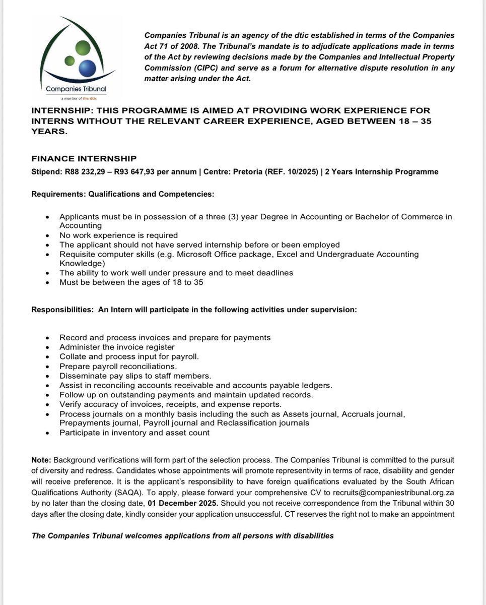 CompaniesT_SA's tweet photo. The Companies Tribunal is calling for applications for the following internship programmes.💚💙🤍

Apply now and be part of our team!

NB🚨Closing date: 01 December 2025. https://t.co/1k4INQ5OPb