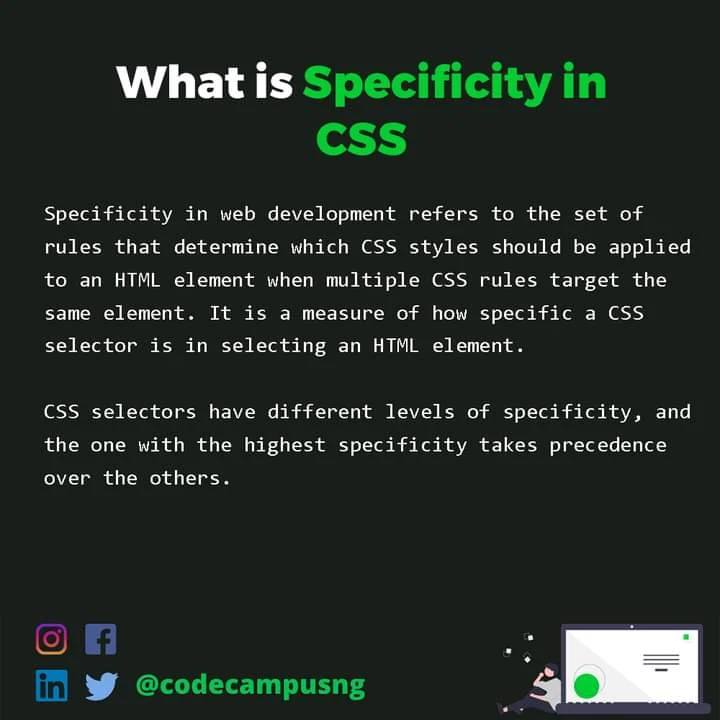 codecampusng's tweet image. Want to learn more programming concepts and tips.?
CSS selectors have different levels of specificity, and the one with the highest specificity takes precedence over the others
Begin your journey as a Developer today. Click the Link in Bio

#javascript #js #framework #internet