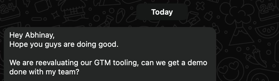 _abhinaykumar_'s tweet image. Replied this to the question of @hnshah and this is what I get on my whatsapp a few hours later.

Maybe we are onto something with trying to optimize for recall 😄