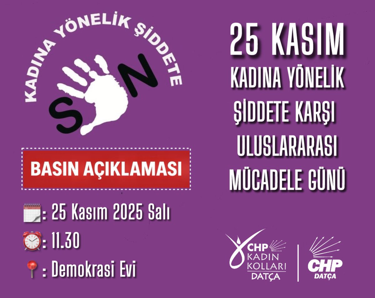 datca_chp's tweet image. 25 Kasım Kadına Yönelik Şiddete Karşı Uluslararası Mücadele Günü kapsamında, şiddetin her türüne karşı sesimizi yükseltmek için 25 Kasım Salı günü saat 11.30’da Demokrasi Evi’nde basın açıklamamızı yapacağız.✊💜
@DatcaChp @herkesicinCHP @eczozgurozel @asezaioz48 @chpmuglailbsk