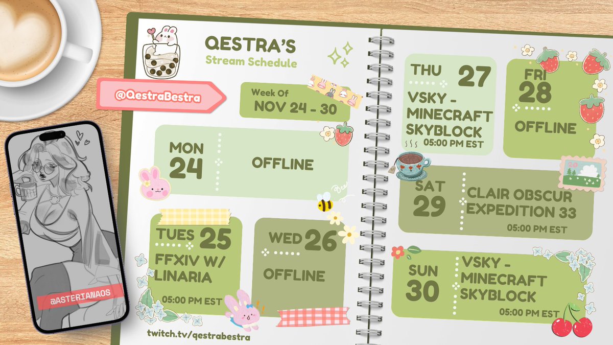 And the schedule for the week is here! I am swapping FFXIV and Clair Obscur due to FFXIV server stability issues on the weekends!

We're back into Pilgrim's Traverse, as well as a few other things like Occult Crescent and the Monster Hunter Crossover! 

Can't wait to see you!💚