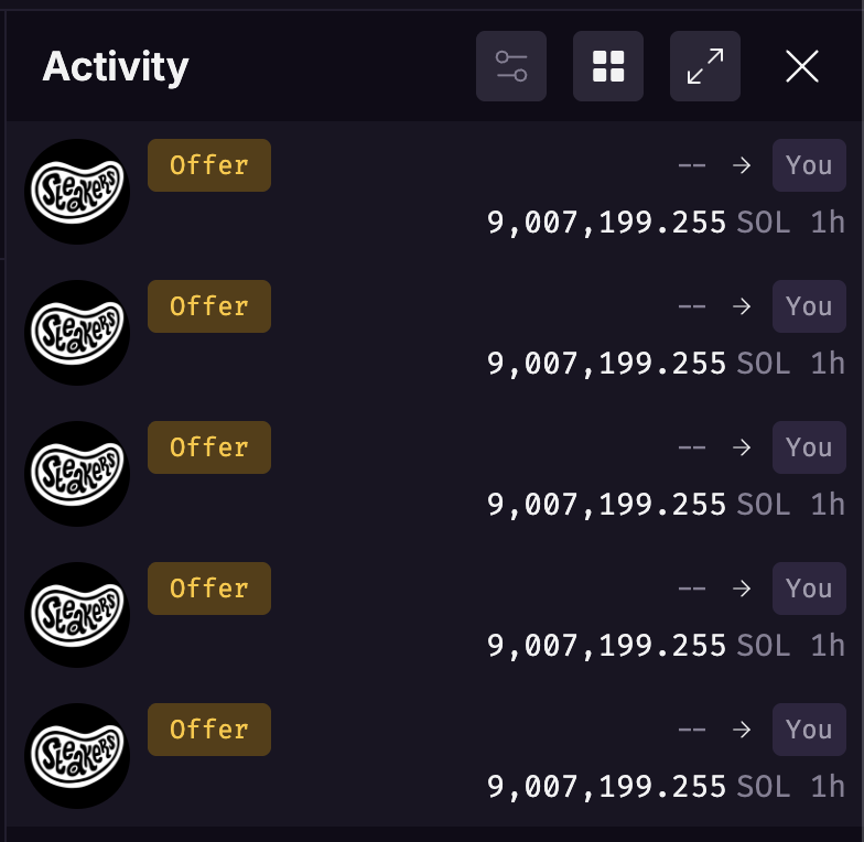 Which Solana NFT collection wants to look cool with insane collection bids/offers? Hit me up with your collection name and amount of bid, I got you 😄

Anyways, reported this to <a href="/MagicEden/">Magic Eden 🪄</a> already! 

There is no fund lost risk with this if you are poor... but very interesting.