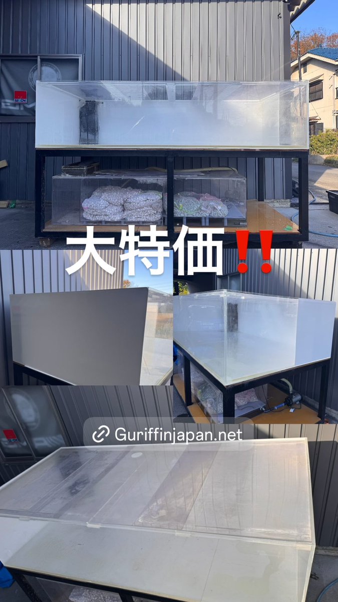 2400/1200/600 OF水槽セット
guriffinjapan.net/phone/product/…
鉄アングル式水槽台。
2400/1200/600サイズアクリル水槽13/10mm・背面・左面・右面（右面のみ約600）白シート張り。
水槽全面3mm蓋。
1800/600/450サイズウールBOX付濾過槽。
リングろ材沢山。
レイシーRMD551モーター。
がセット内容です。