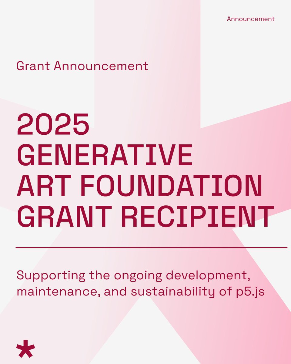 ProcessingOrg's tweet image. We’re thrilled to receive a $25,000 Generative Art Foundation Grant in support of p5.js! This grant strengthens our global community and supports long-term accessibility, stability, and sustainability. Huge thank you to @genartfound and all who support p5.js!
