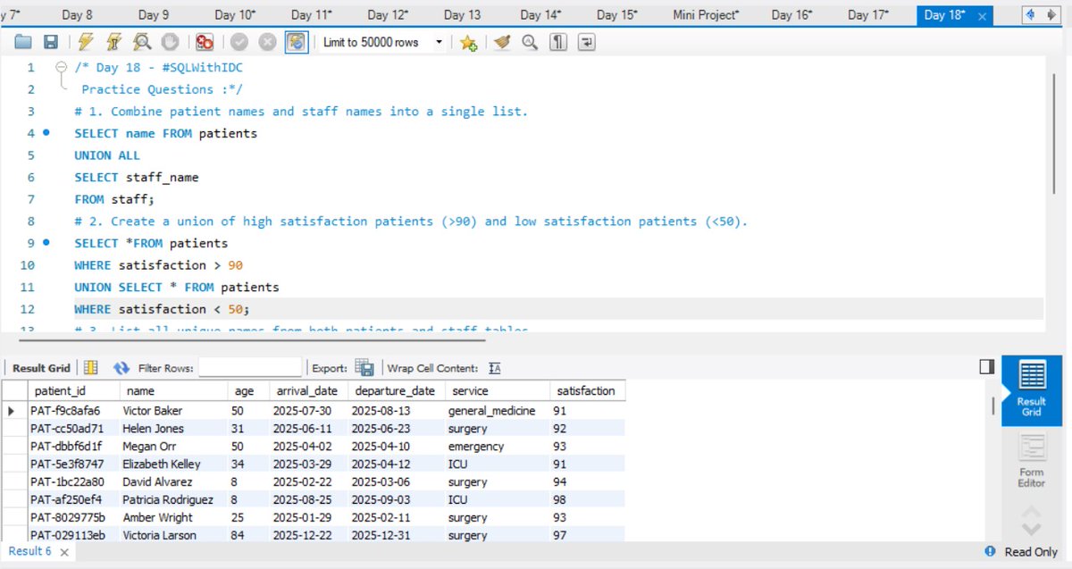 lakkilohitha's tweet image. Day 18 #SQLWithIDC 
🔶UNION removes duplicates, slower but unique results.
🔷UNION ALL keeps all rows, faster performance.
🔶Same columns + compatible types. Use ORDER BY last.
Pro tip: Use UNION ALL when duplicates aren&apos;t an issue!
@indiandataclub @dpdzero