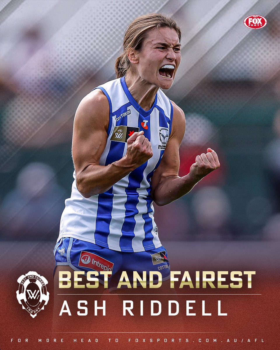 FOXFOOTY's tweet image. FINALLY!

Despite copping some of the worst vote snubs you'll ever see, superstar Ash Riddell claims AFLW's top gong and ends North Melbourne's drought!

What a champion &amp;gt;&amp;gt; bit.ly/49DrUwo