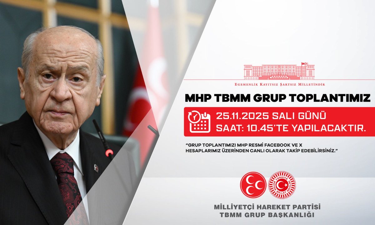 MHP TBMM Grup Toplantımız #25Kasım2025 Salı günü (Yarın) Saat:10.45'te yapılacaktır.

MHP TBMM GRUP BAŞKANLIĞI
<a href="/MhpTbmmGrubu/">MHP TBMM Grubu #MHP</a>